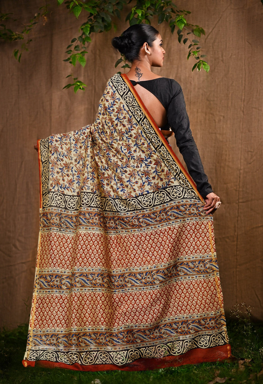 Cream Pure Bagru Kalamkari Printed Chanderi Sico Saree-UNM80256 - Pehnaawaa