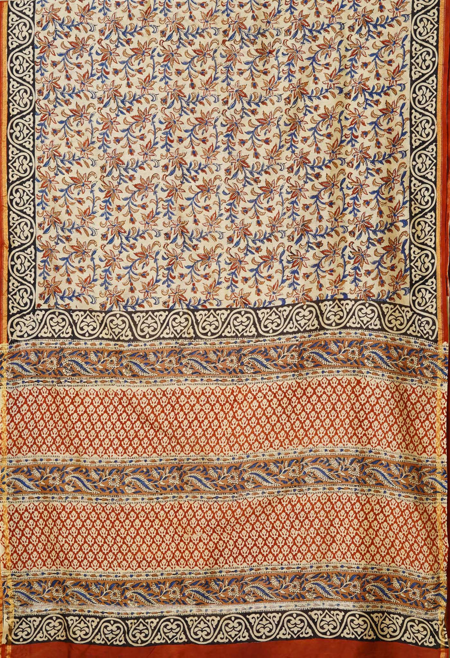 Cream Pure Bagru Kalamkari Printed Chanderi Sico Saree-UNM80256 - Pehnaawaa