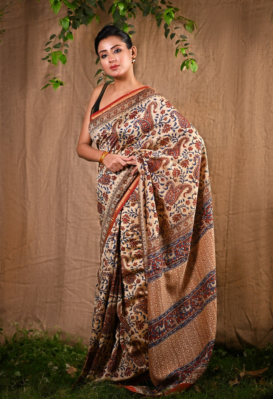 Cream Pure Bagru Kalamkari Printed Chanderi Sico Saree-UNM80258 - Pehnaawaa