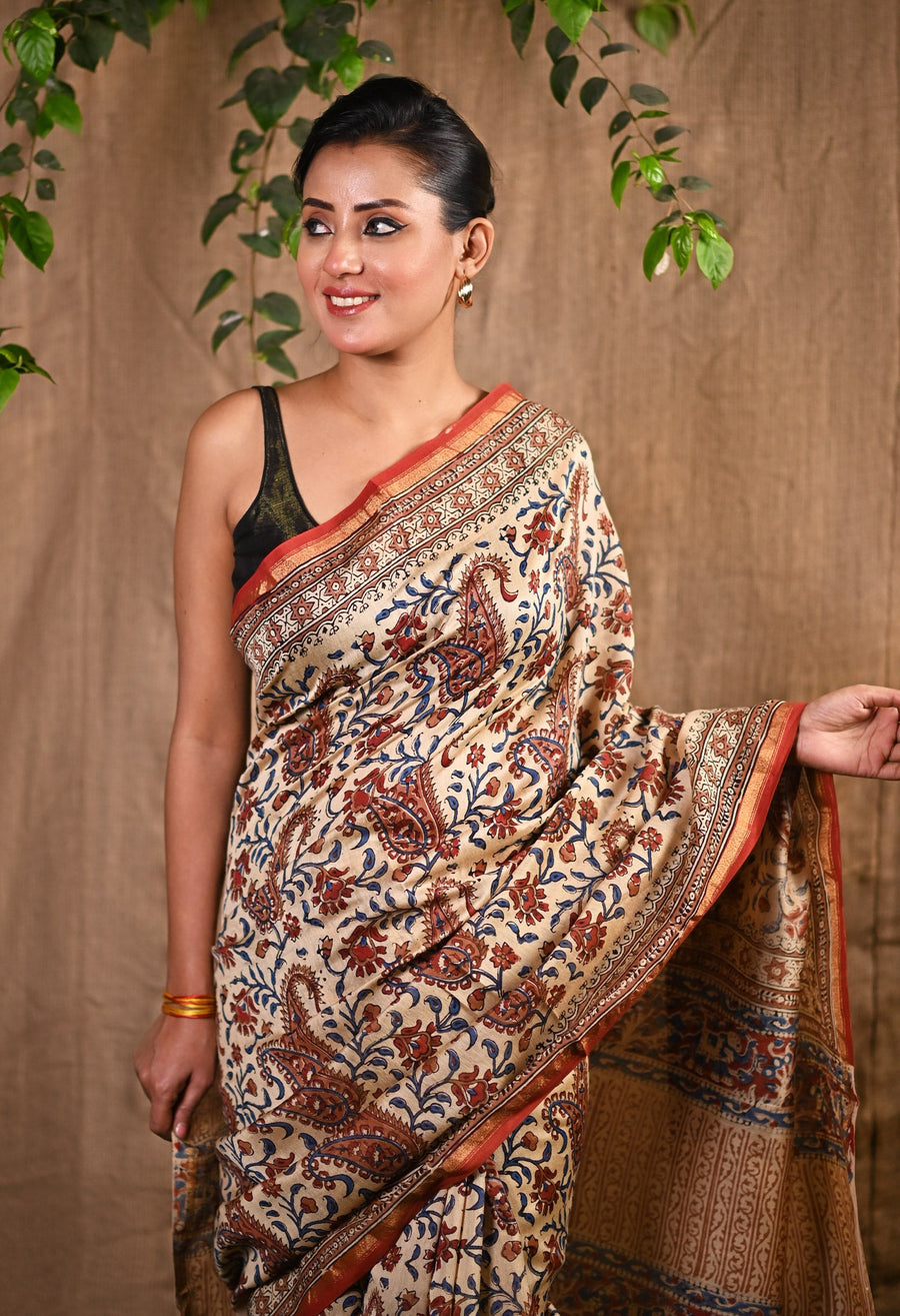 Cream Pure Bagru Kalamkari Printed Chanderi Sico Saree-UNM80258 - Pehnaawaa