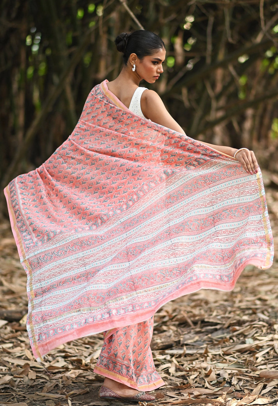 Coral Pink Pure Hand Block Printed Chanderi Sico Saree-UNM81644 - Pehnaawaa
