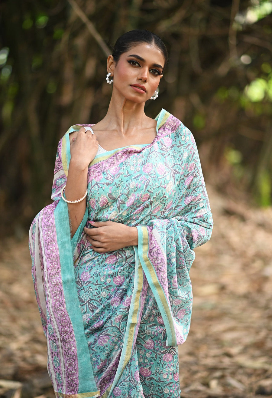 Turquoise Green Pure Hand Block Printed Chanderi Sico Saree-UNM81645 - Pehnaawaa