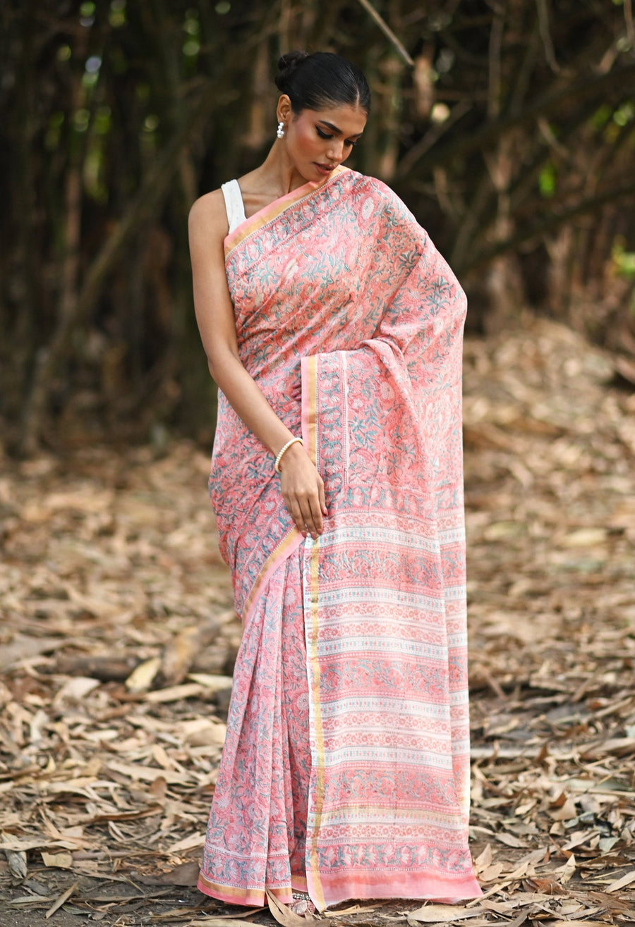Coral Pink Pure Hand Block Printed Chanderi Sico Saree-UNM81646 - Pehnaawaa