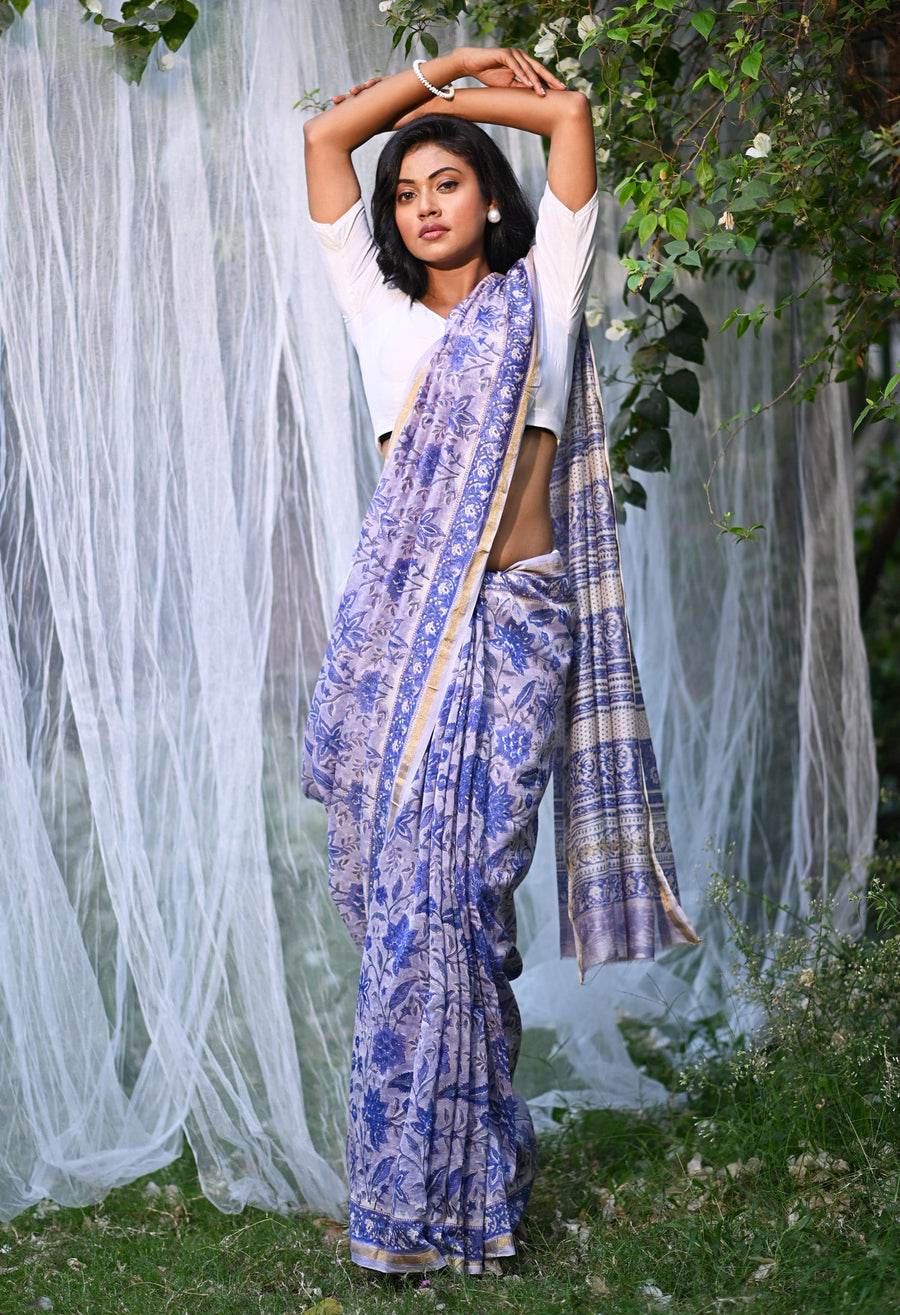 Blue Pure Hand Block Printed Chanderi Sico Saree-UNM81658 - Pehnaawaa