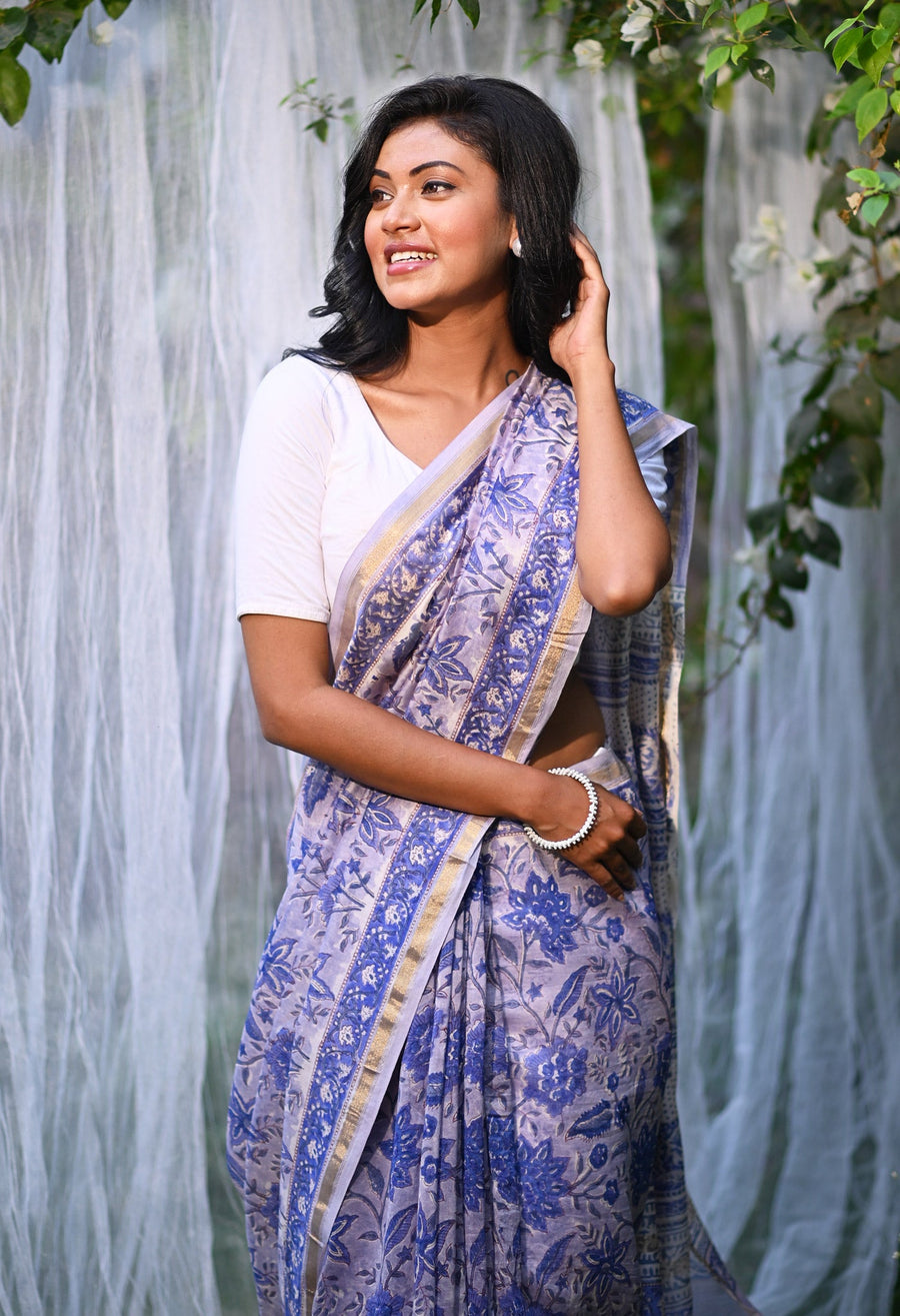 Blue Pure Hand Block Printed Chanderi Sico Saree-UNM81658 - Pehnaawaa