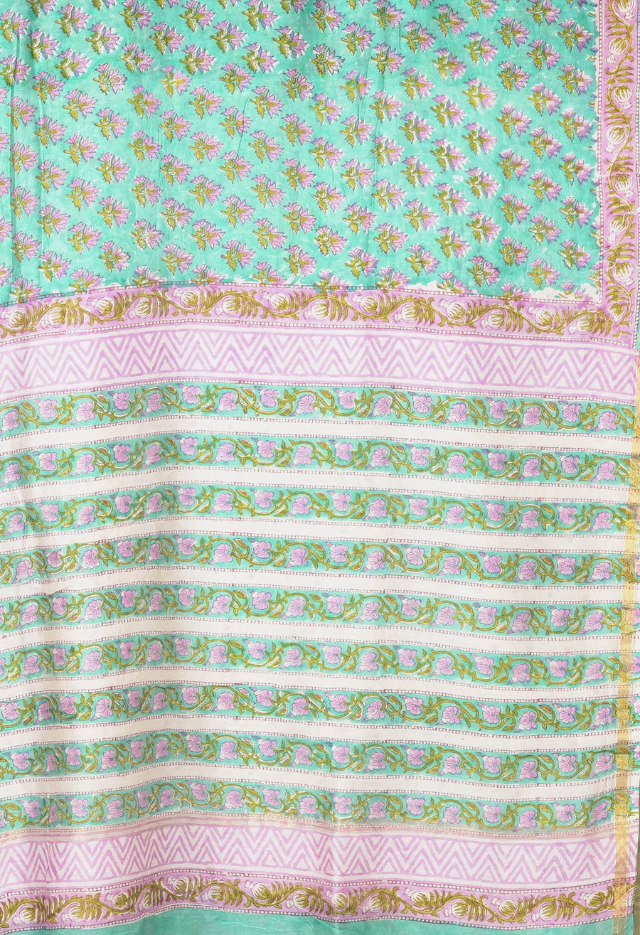 Turquoise Green Pure Hand Block Printed Chanderi Sico Saree-UNM81659 - Pehnaawaa