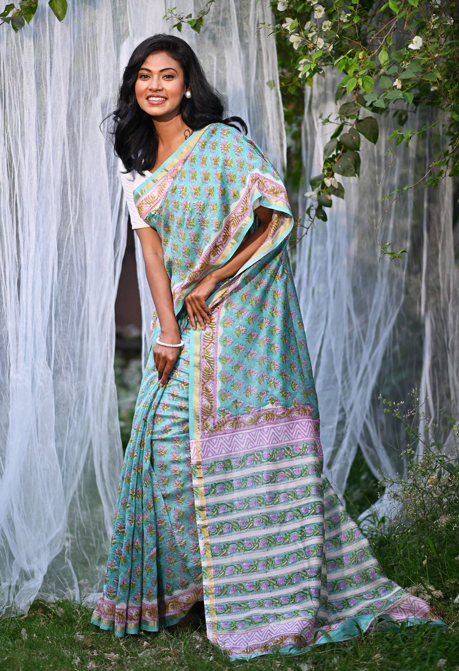 Turquoise Green Pure Hand Block Printed Chanderi Sico Saree-UNM81659 - Pehnaawaa