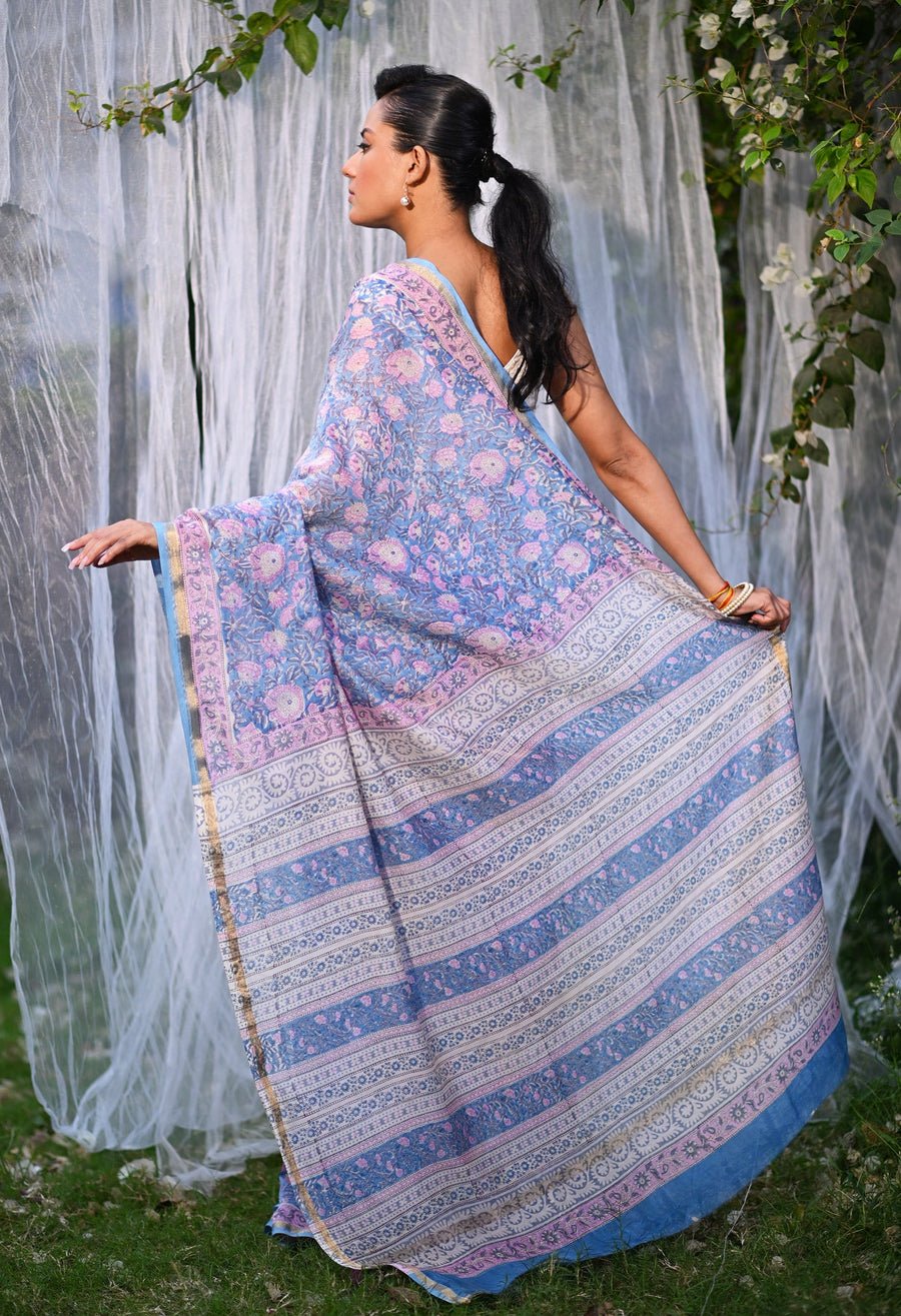 Blue Pure Hand Block Printed Chanderi Sico Saree-UNM81660 - Pehnaawaa