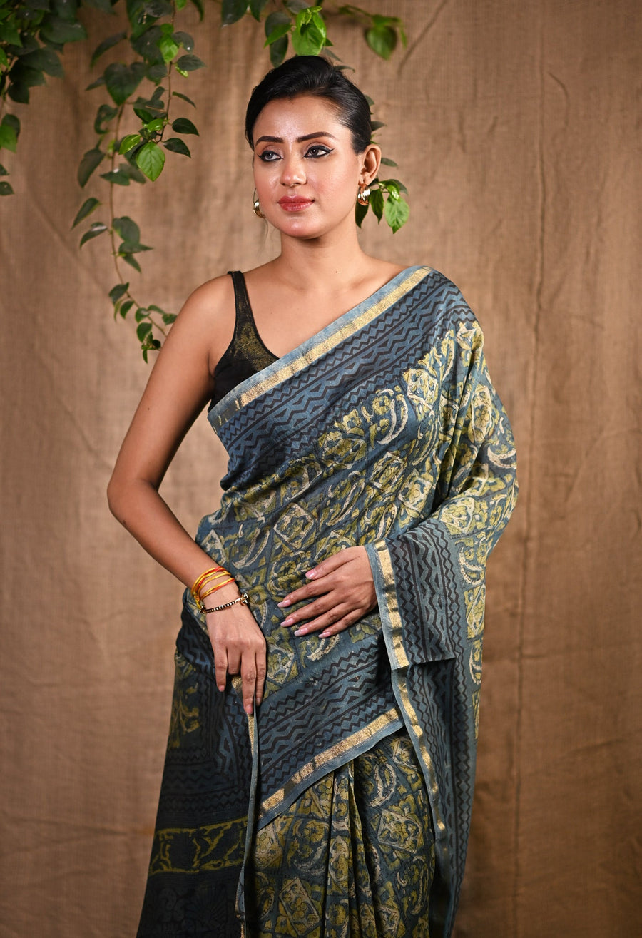 Blue Pure Vanaspathi Block Printed Chanderi Sico Saree-UNM81712 - Pehnaawaa