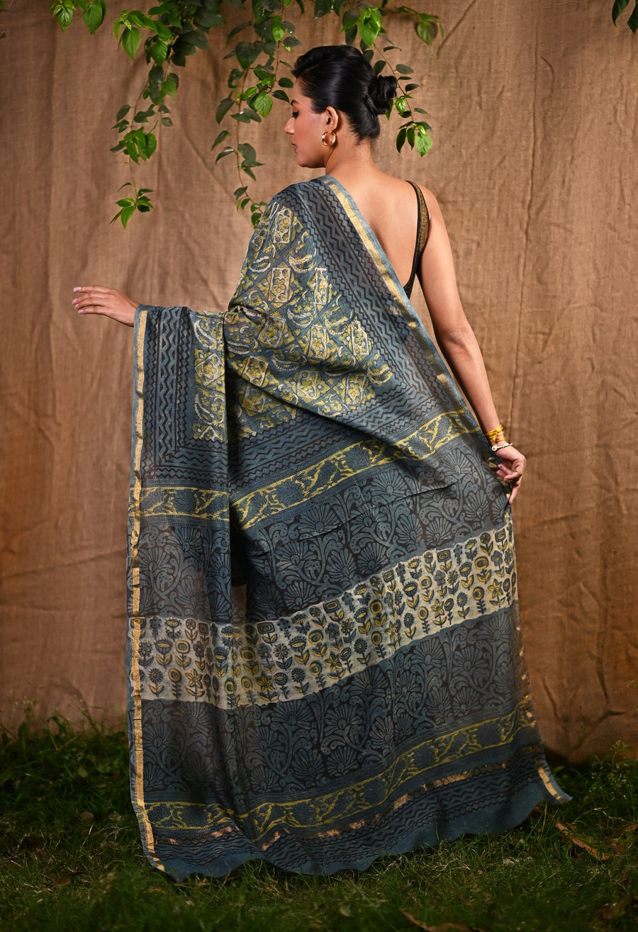 Blue Pure Vanaspathi Block Printed Chanderi Sico Saree-UNM81712 - Pehnaawaa