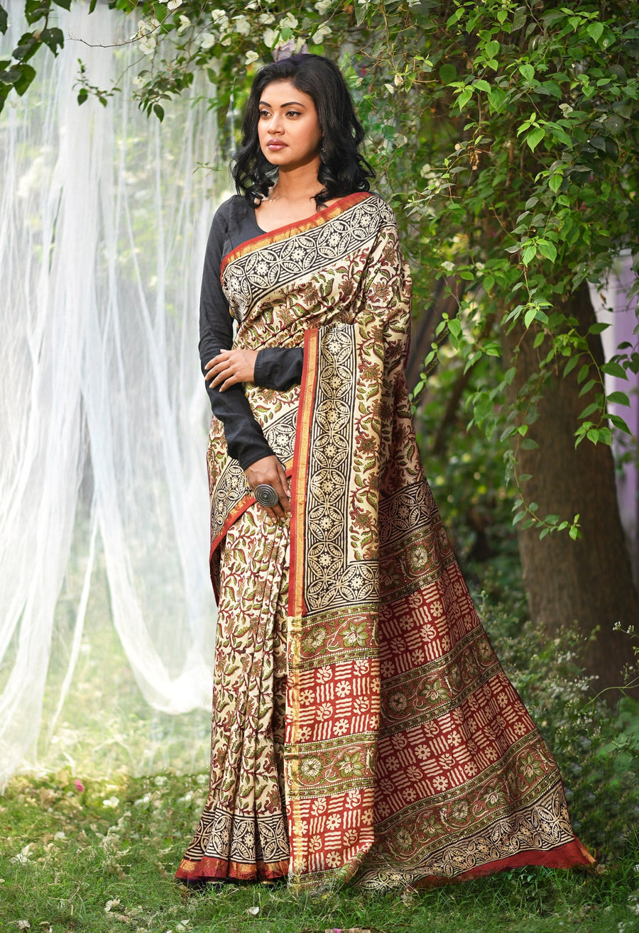 Cream Pure Bagru Kalamkari Printed Chanderi Sico Saree-UNM81810 - Pehnaawaa