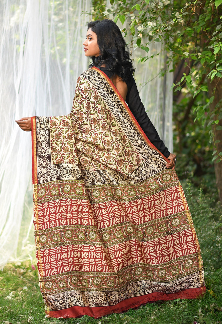 Cream Pure Bagru Kalamkari Printed Chanderi Sico Saree-UNM81810 - Pehnaawaa