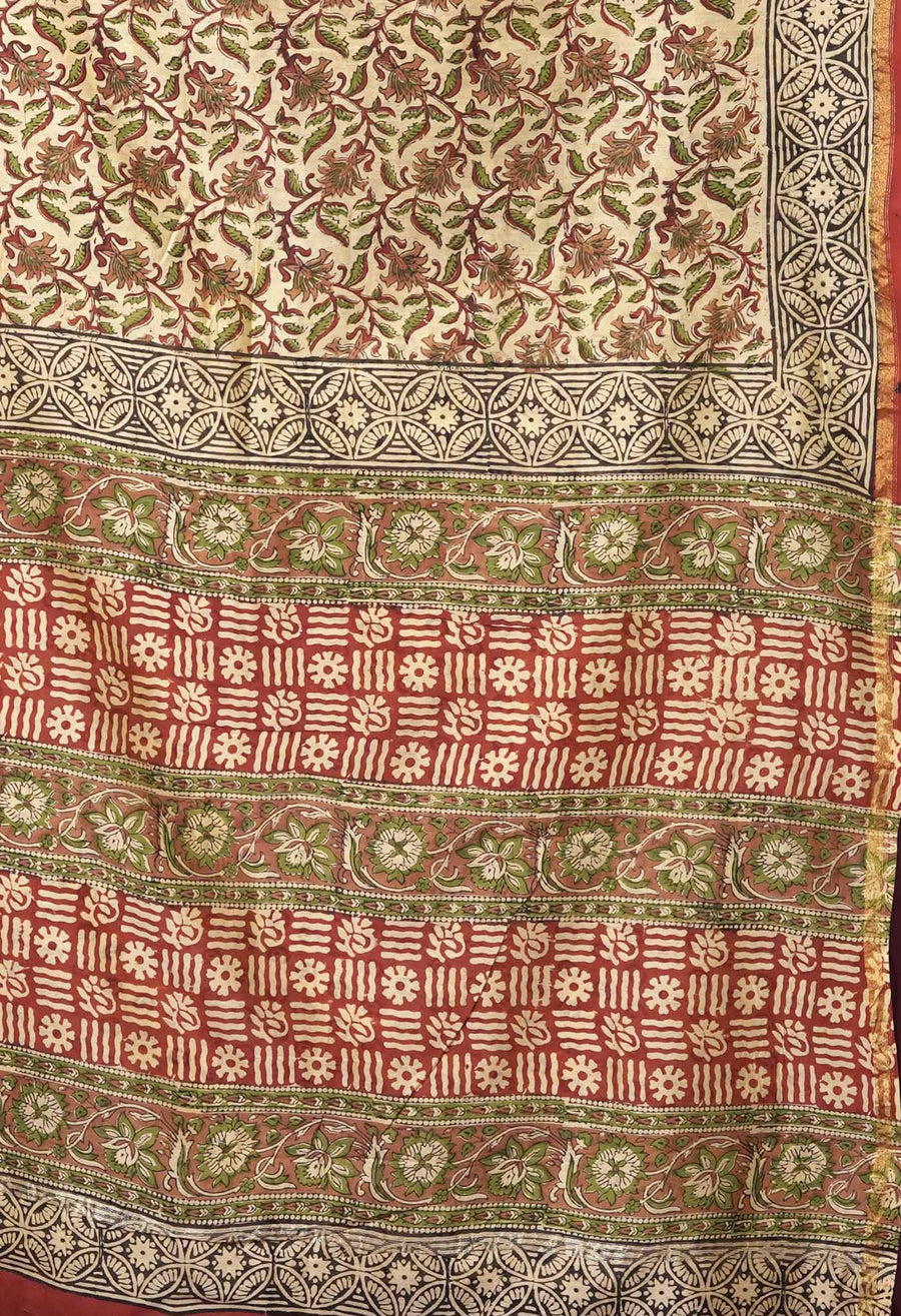 Cream Pure Bagru Kalamkari Printed Chanderi Sico Saree-UNM81810 - Pehnaawaa