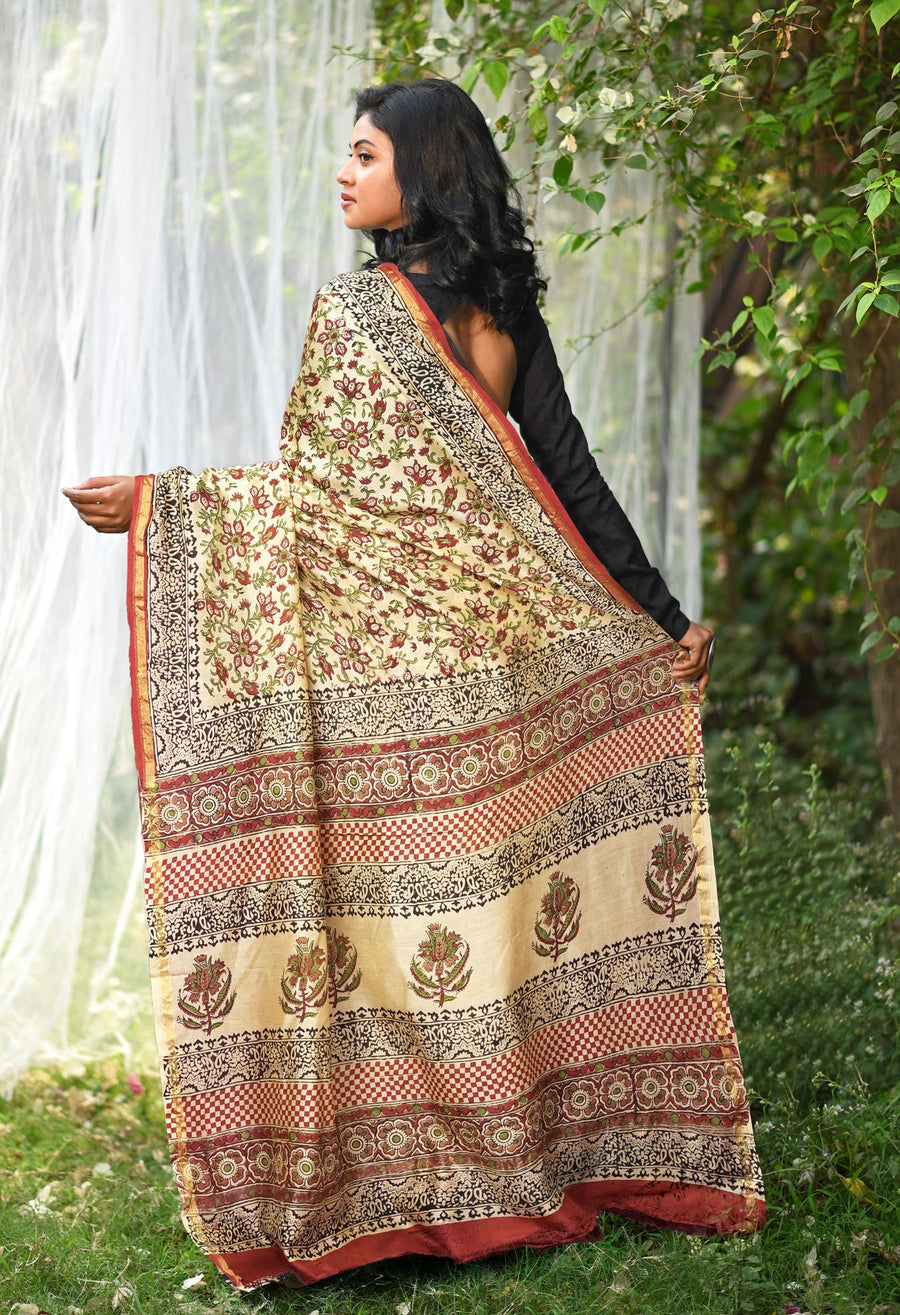 Cream Pure Bagru Kalamkari Printed Chanderi Sico Saree-UNM81812 - Pehnaawaa