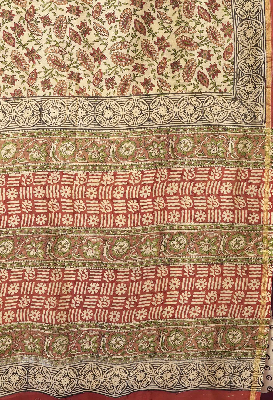 Cream Pure Bagru Kalamkari Printed Chanderi Sico Saree-UNM81814 - Pehnaawaa