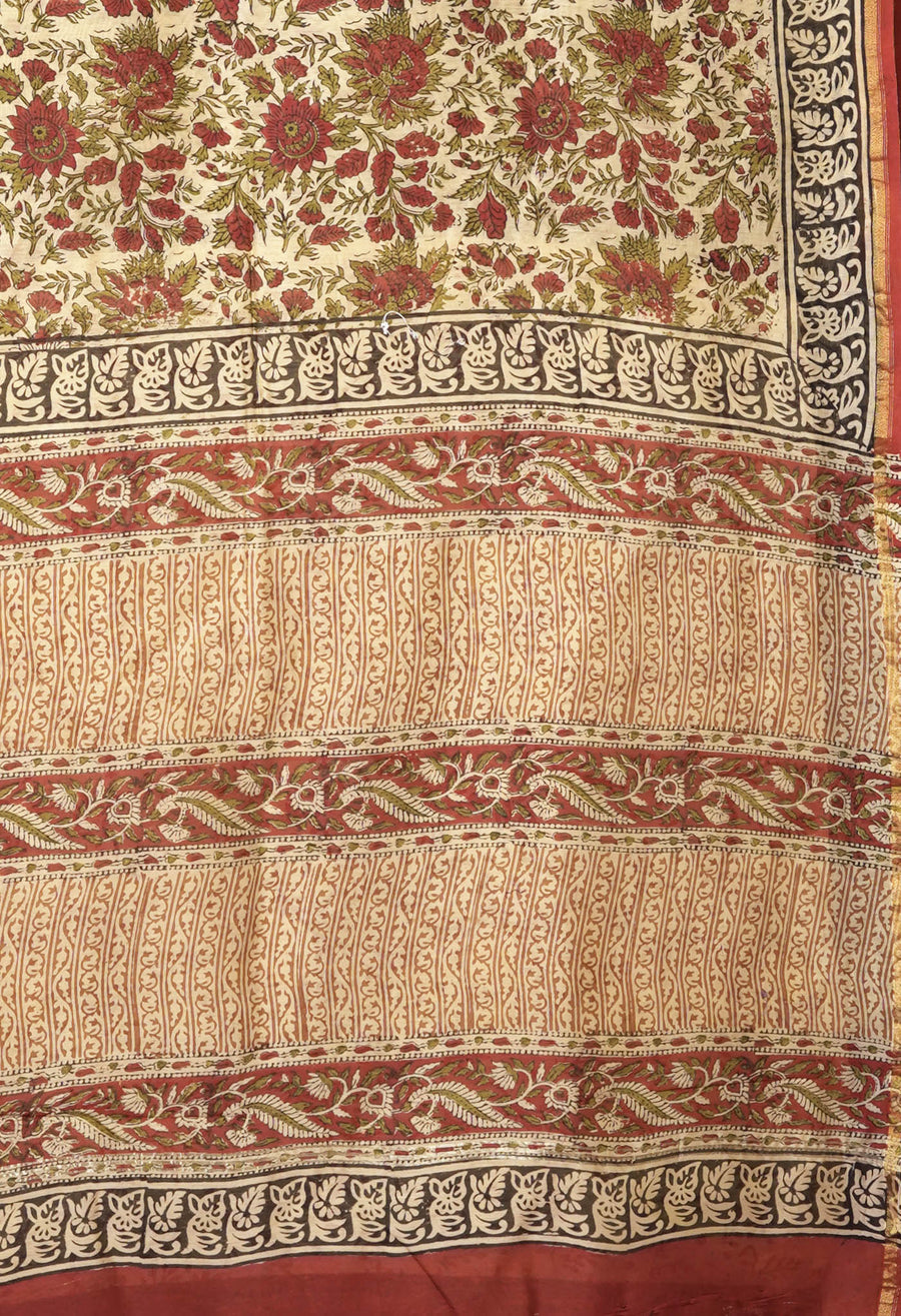 Cream Pure Bagru Kalamkari Printed Chanderi Sico Saree-UNM81818 - Pehnaawaa