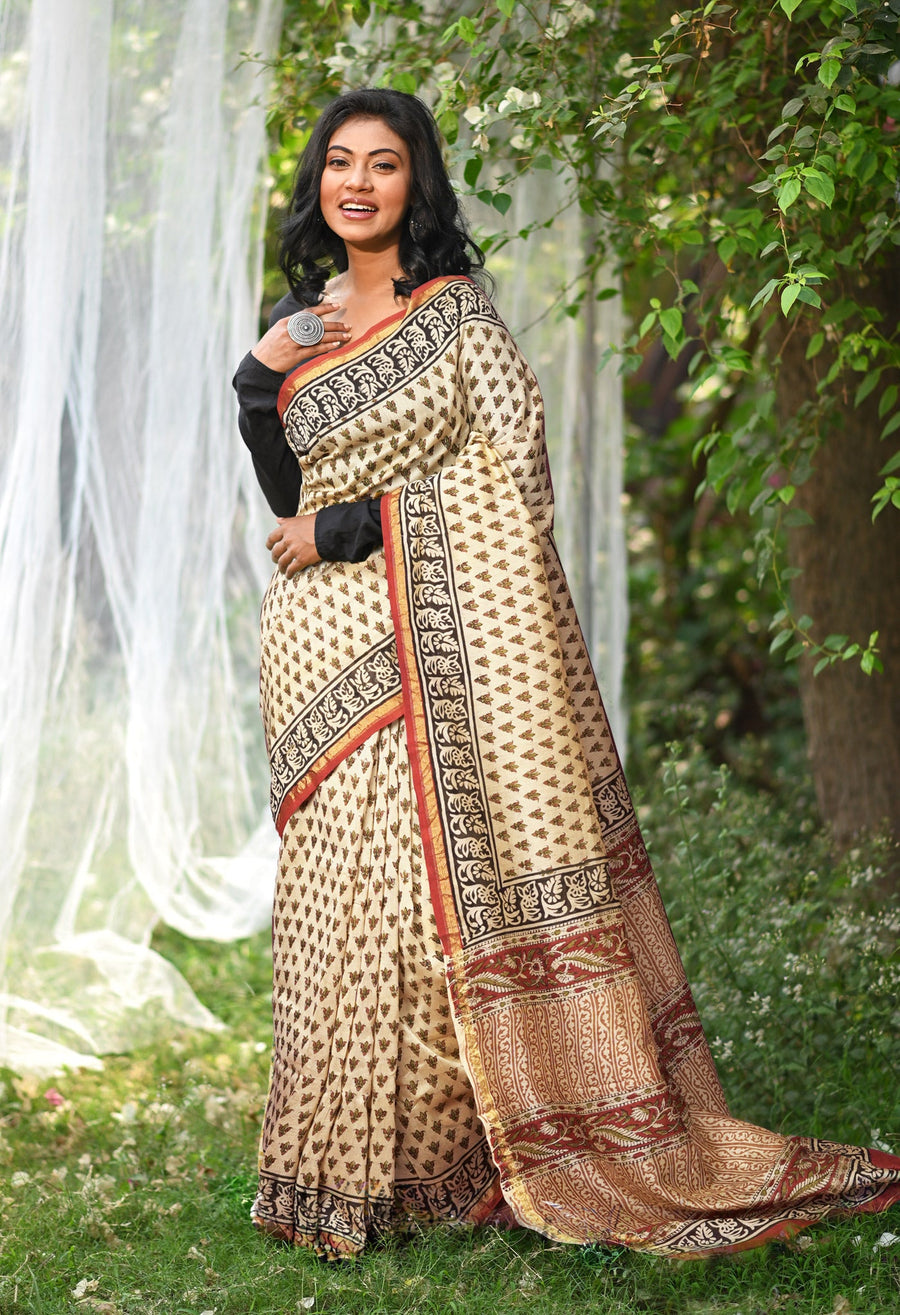 Cream Pure Bagru Kalamkari Printed Chanderi Sico Saree-UNM81819 - Pehnaawaa
