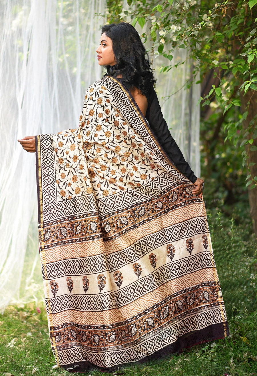 Cream Pure Bagru Kalamkari Printed Chanderi Sico Saree-UNM81820 - Pehnaawaa