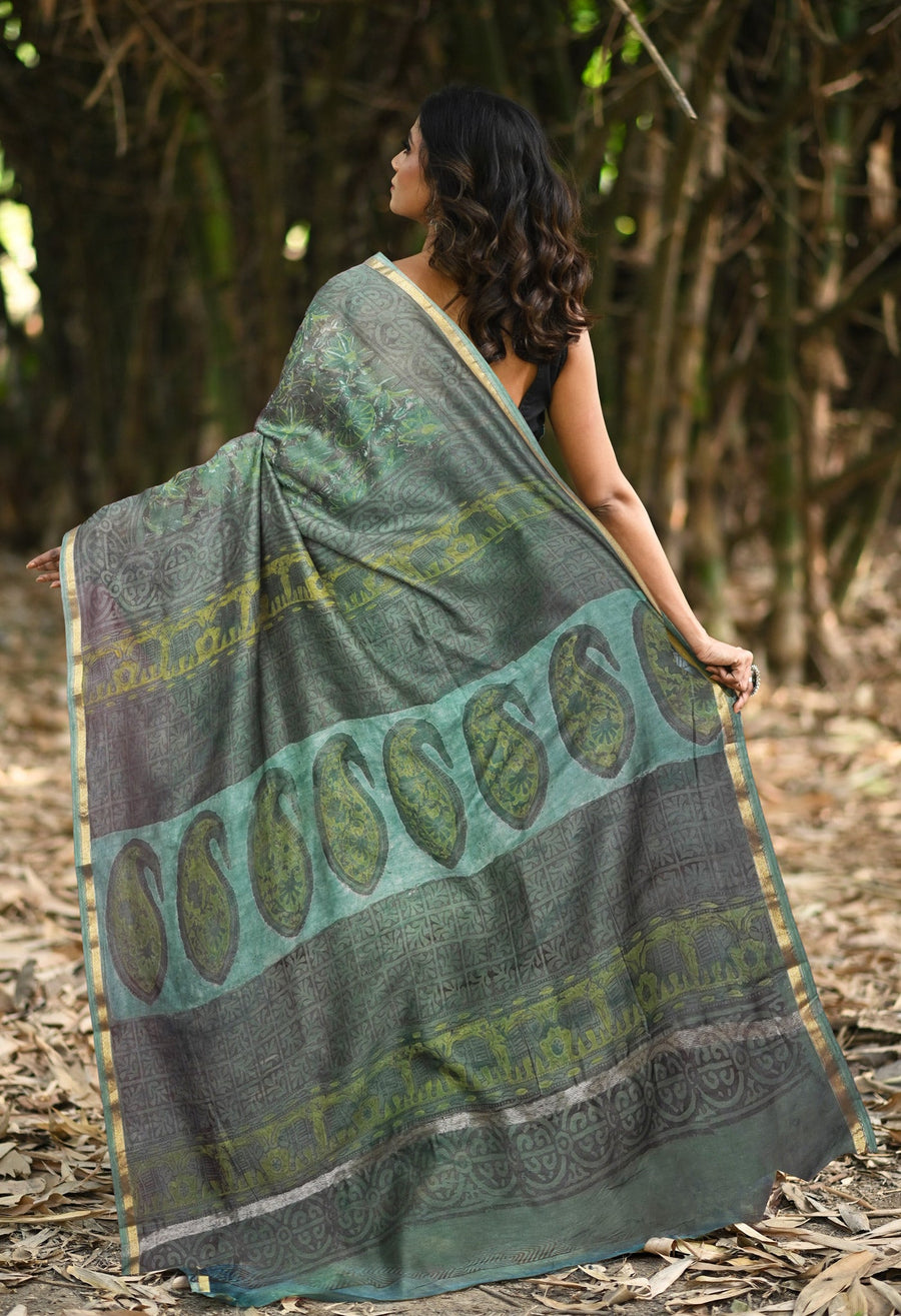 Green Pure Vanaspathi Block Printed Chanderi Sico Saree-UNM81847 - Pehnaawaa