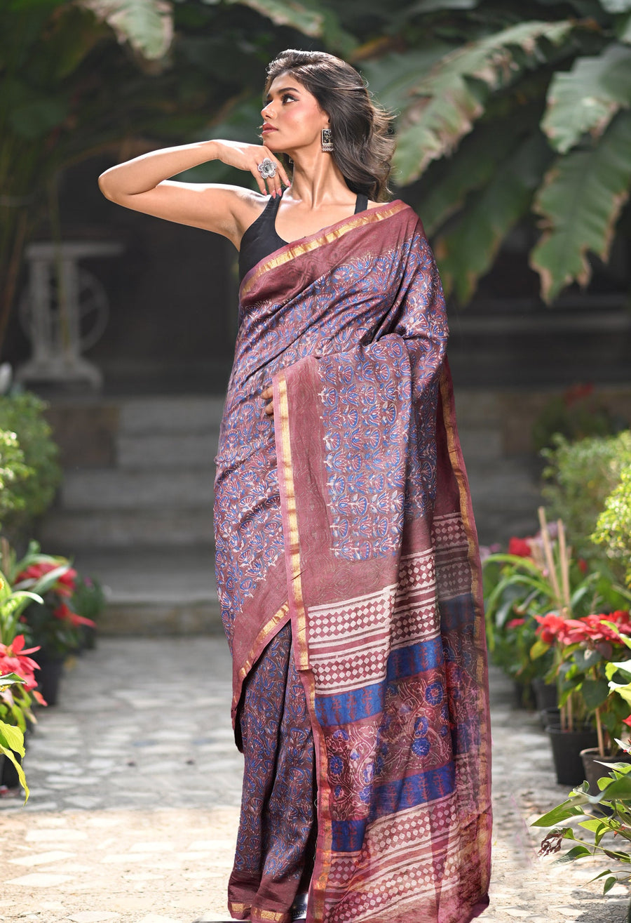 Peach Pink Pure Vanaspathi Block Printed Chanderi Sico Saree-UNM81850 - Pehnaawaa
