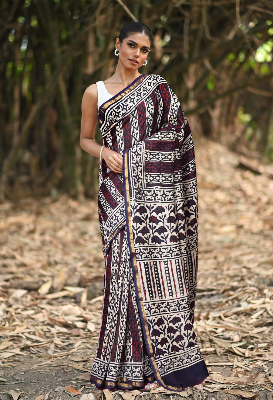 Navy Blue Pure Napthol Block Printed Chanderi Sico Saree-UNM81852 - Pehnaawaa