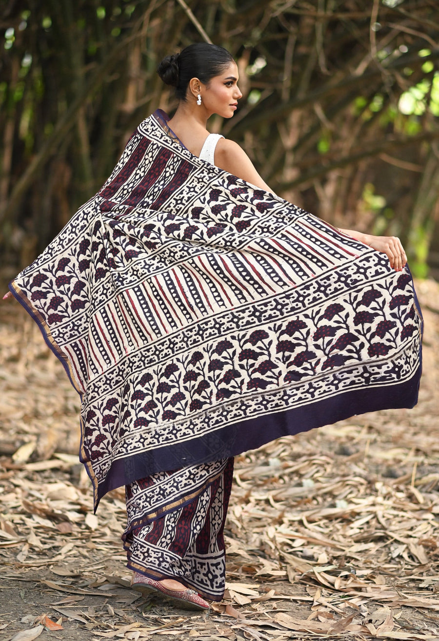 Navy Blue Pure Napthol Block Printed Chanderi Sico Saree-UNM81852 - Pehnaawaa