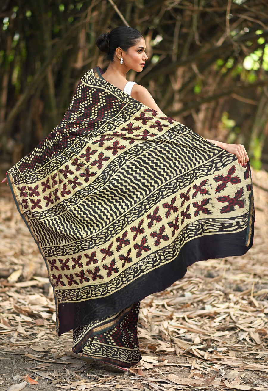 Green Pure Napthol Block Printed Chanderi Sico Saree-UNM81855 - Pehnaawaa