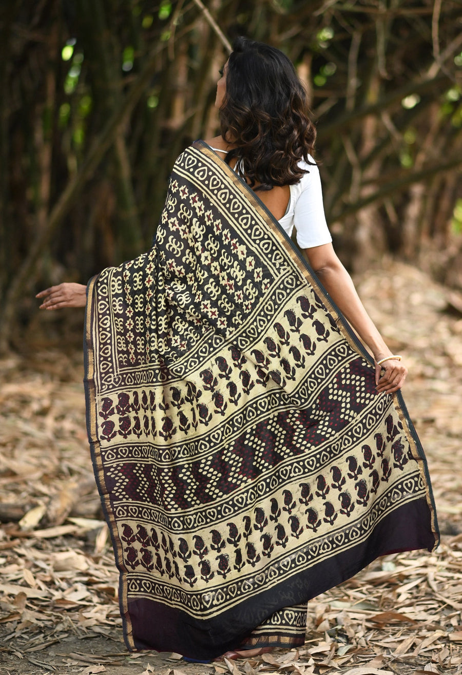 Green Pure Napthol Block Printed Chanderi Sico Saree-UNM81856 - Pehnaawaa