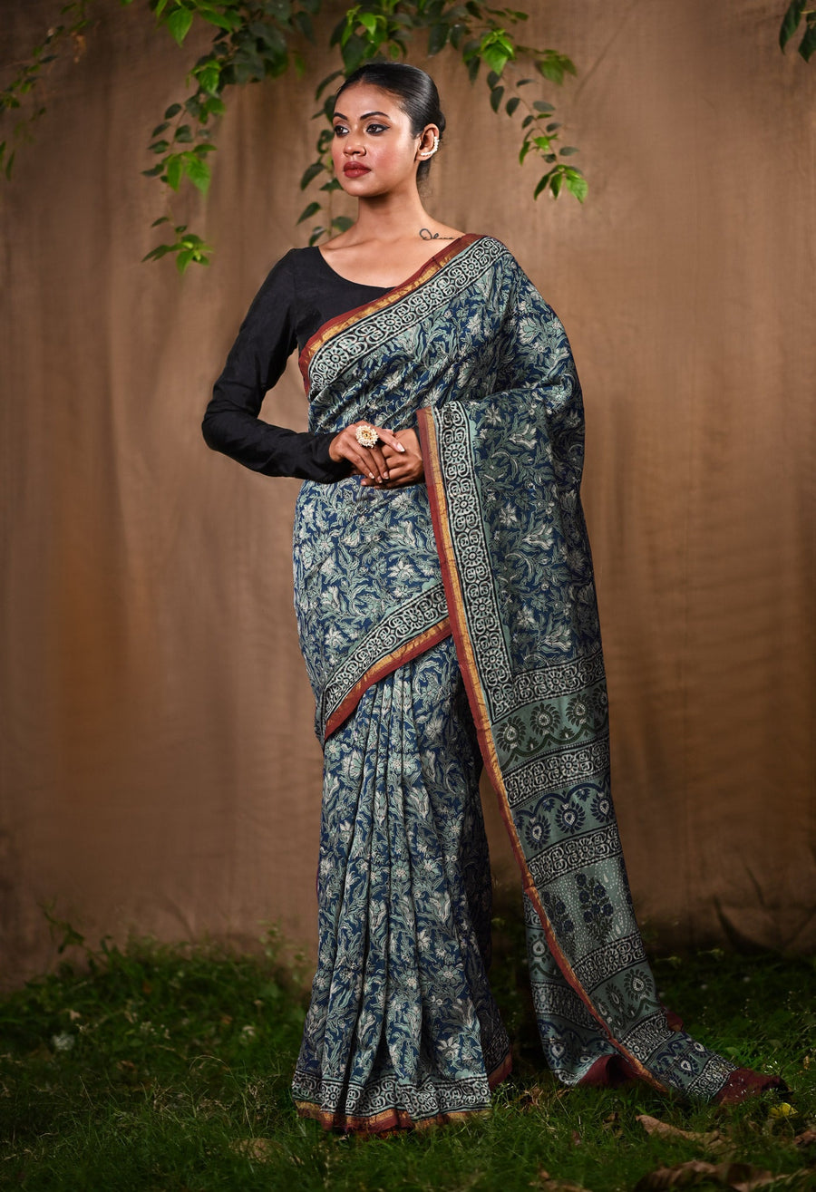 Blue Pure Bagru Block Printed Chanderi Sico Saree-UNM82635 - Pehnaawaa