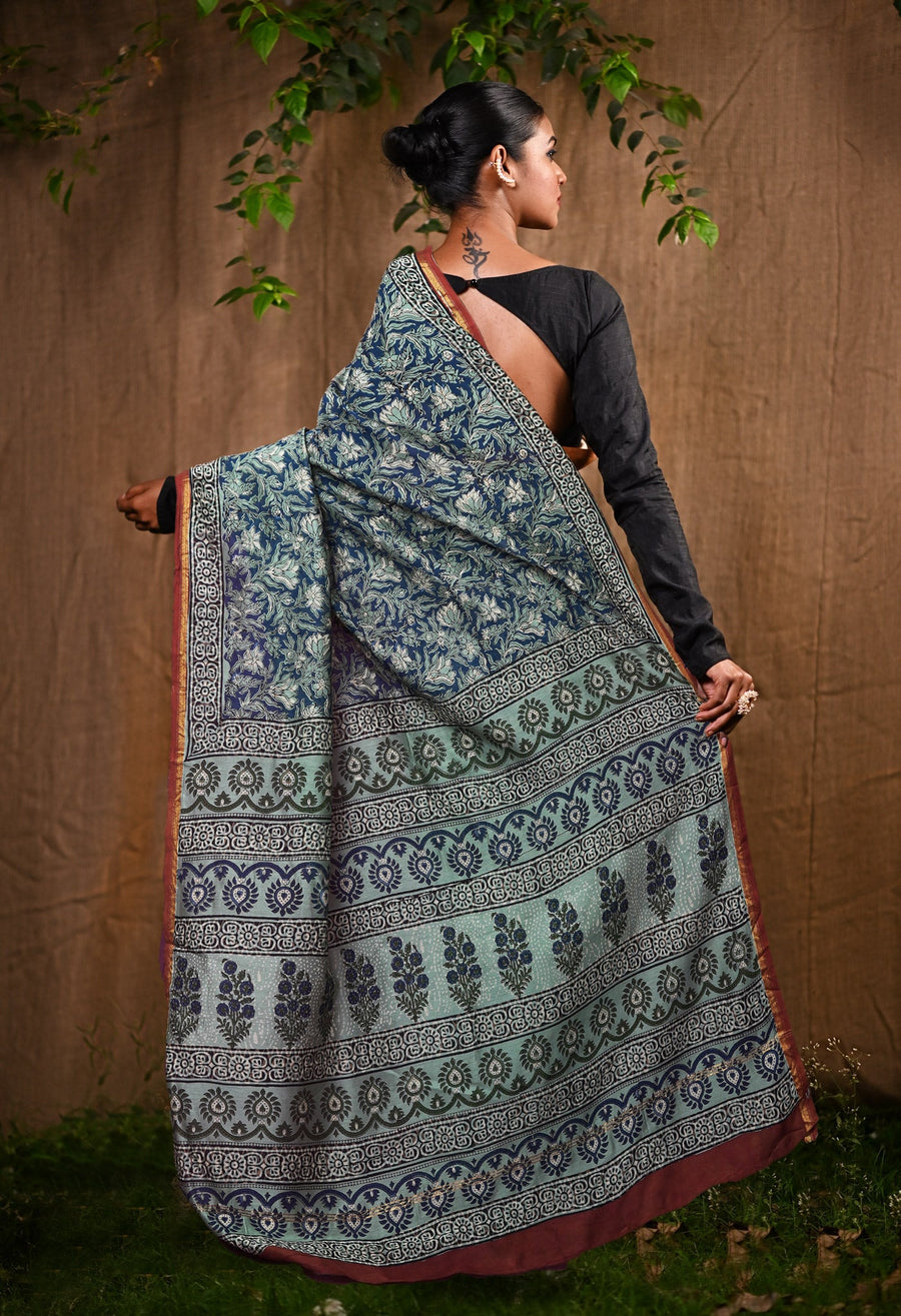 Blue Pure Bagru Block Printed Chanderi Sico Saree-UNM82635 - Pehnaawaa