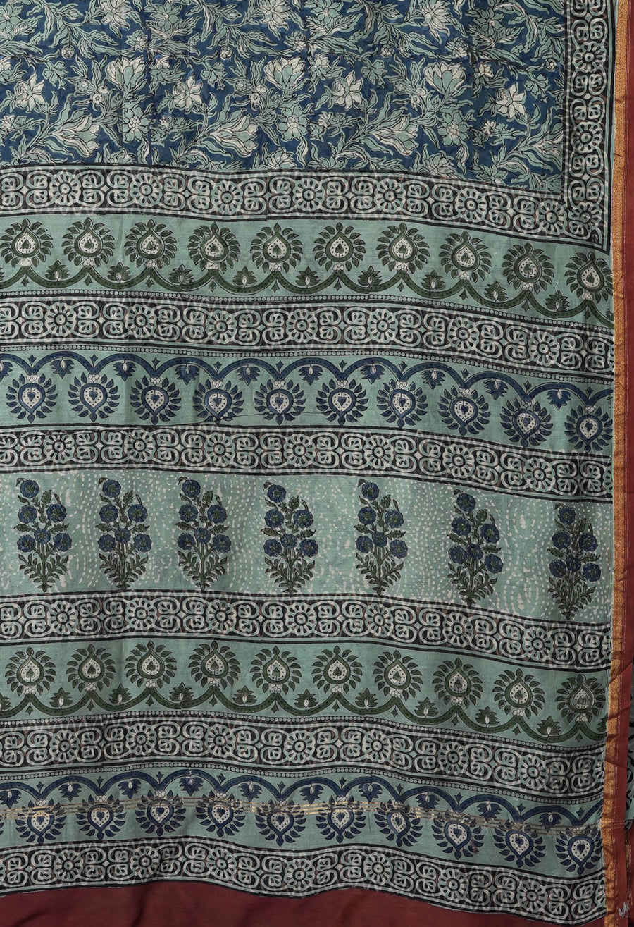 Blue Pure Bagru Block Printed Chanderi Sico Saree-UNM82635 - Pehnaawaa