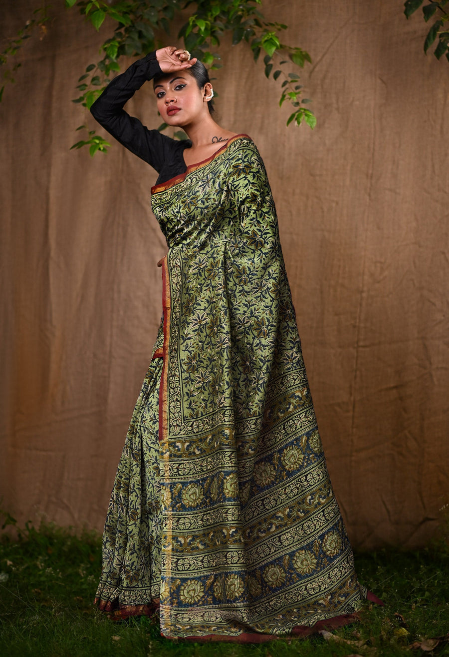 Green Pure Bagru Block Printed Chanderi Sico Saree-UNM82644 - Pehnaawaa