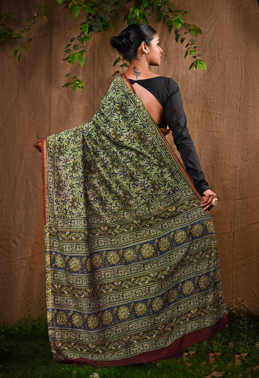 Green Pure Bagru Block Printed Chanderi Sico Saree-UNM82644 - Pehnaawaa