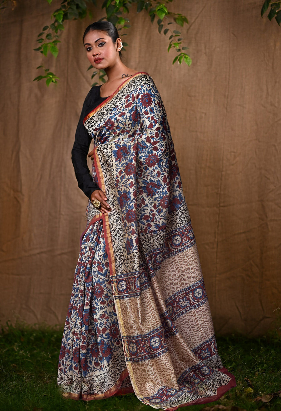 Cream Pure Bagru Kalamkari Printed Chanderi Sico Saree-UNM82653 - Pehnaawaa