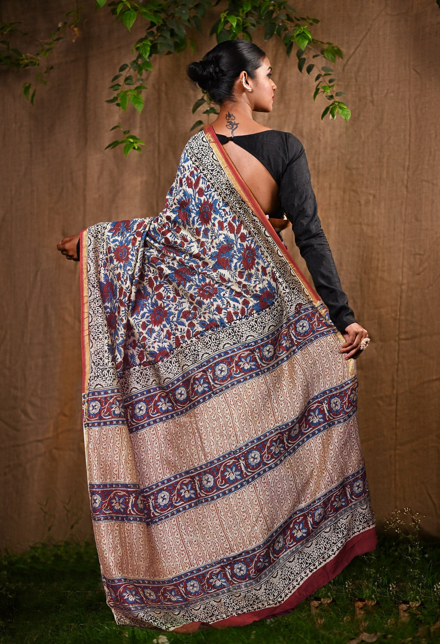 Cream Pure Bagru Kalamkari Printed Chanderi Sico Saree-UNM82653 - Pehnaawaa