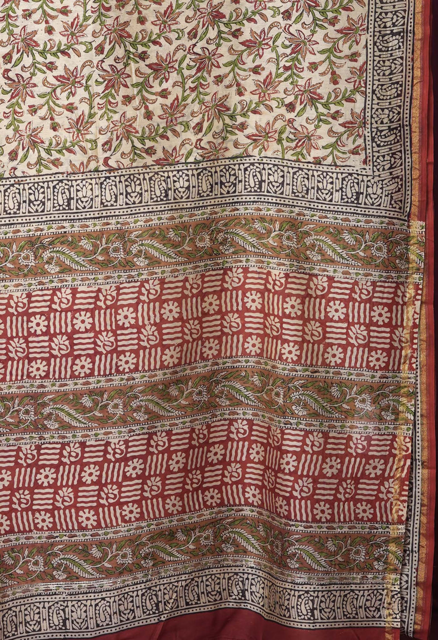 Cream Pure Bagru Kalamkari Printed Chanderi Sico Saree-UNM82658 - Pehnaawaa