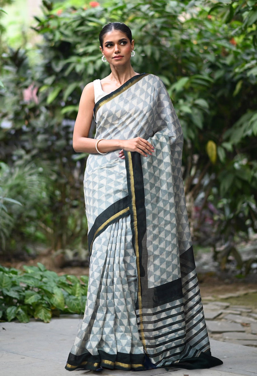 Grey-Black Pure Designer Printed Chanderi Sico Saree-UNM82856 - Pehnaawaa