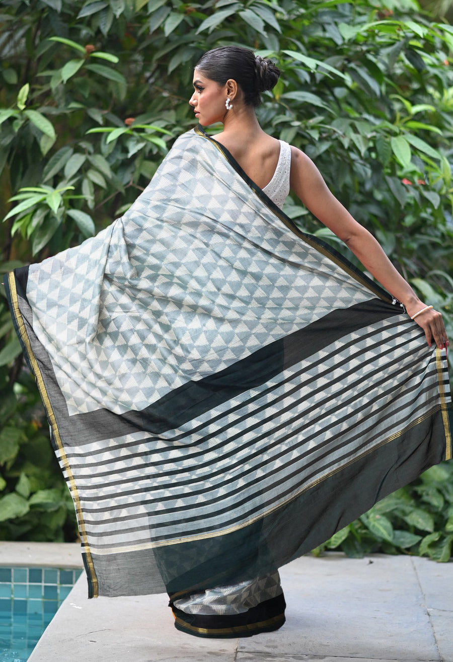 Grey-Black Pure Designer Printed Chanderi Sico Saree-UNM82856 - Pehnaawaa