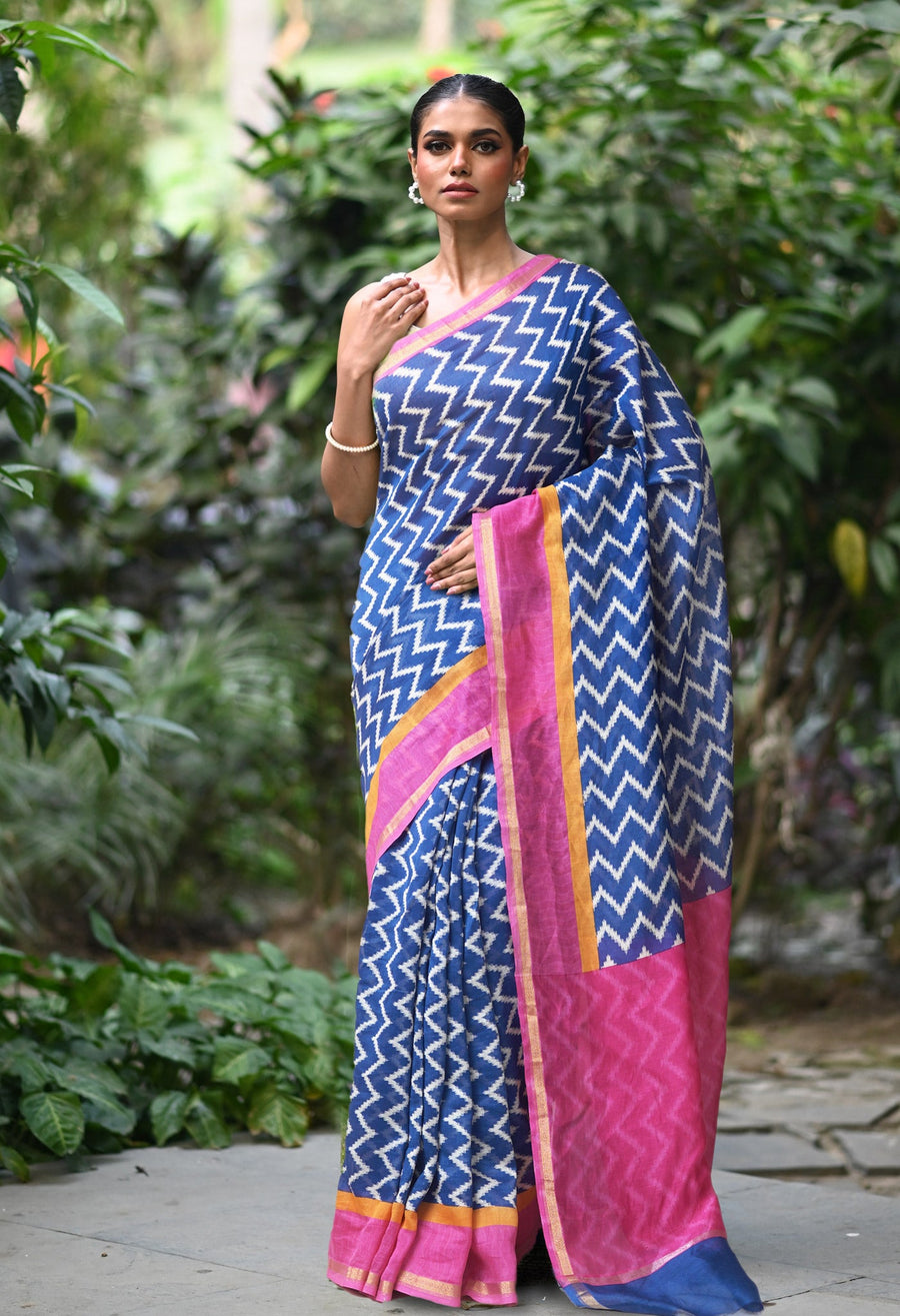 Navy Blue-Pink Pure Designer Printed Chanderi Sico Saree-UNM82865 - Pehnaawaa