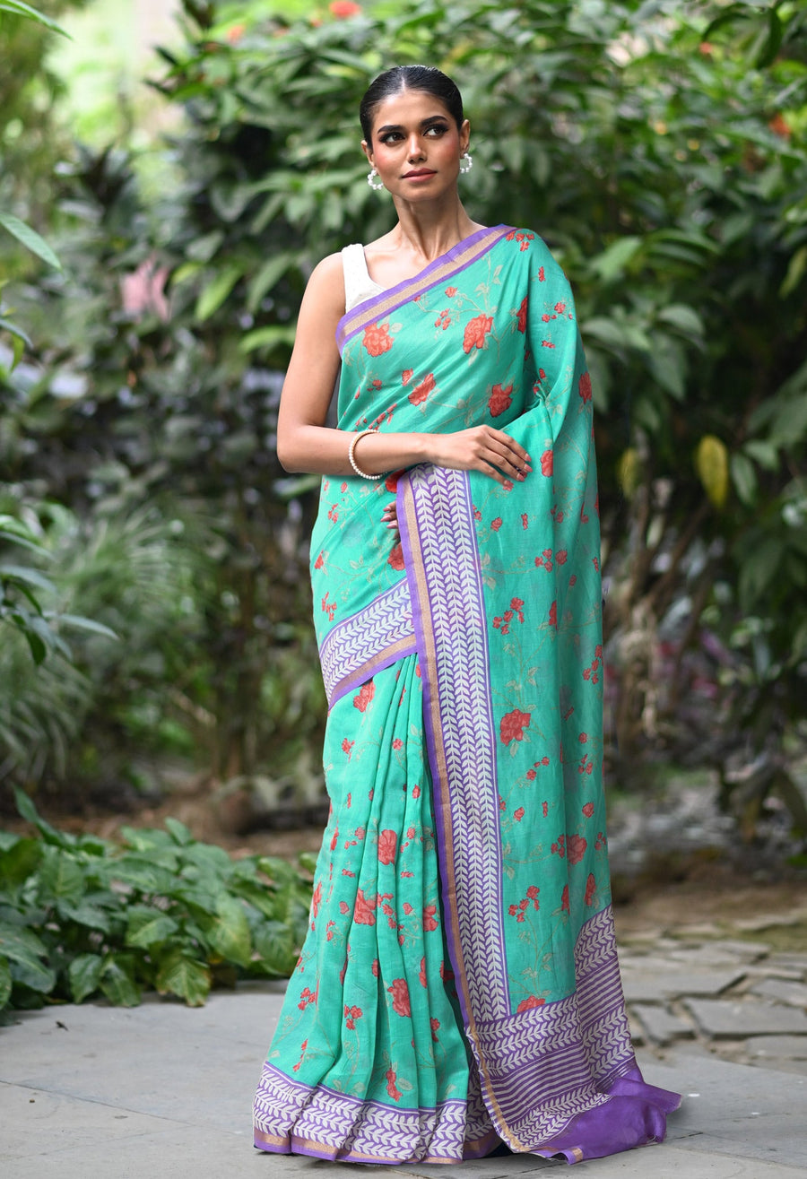 Turquoise BlueLavender Pure Designer Printed Chanderi Sico Saree-UNM82873 - Pehnaawaa
