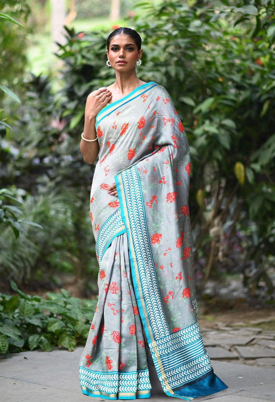 Grey-Blue Pure Designer Printed Chanderi Sico Saree-UNM82874 - Pehnaawaa