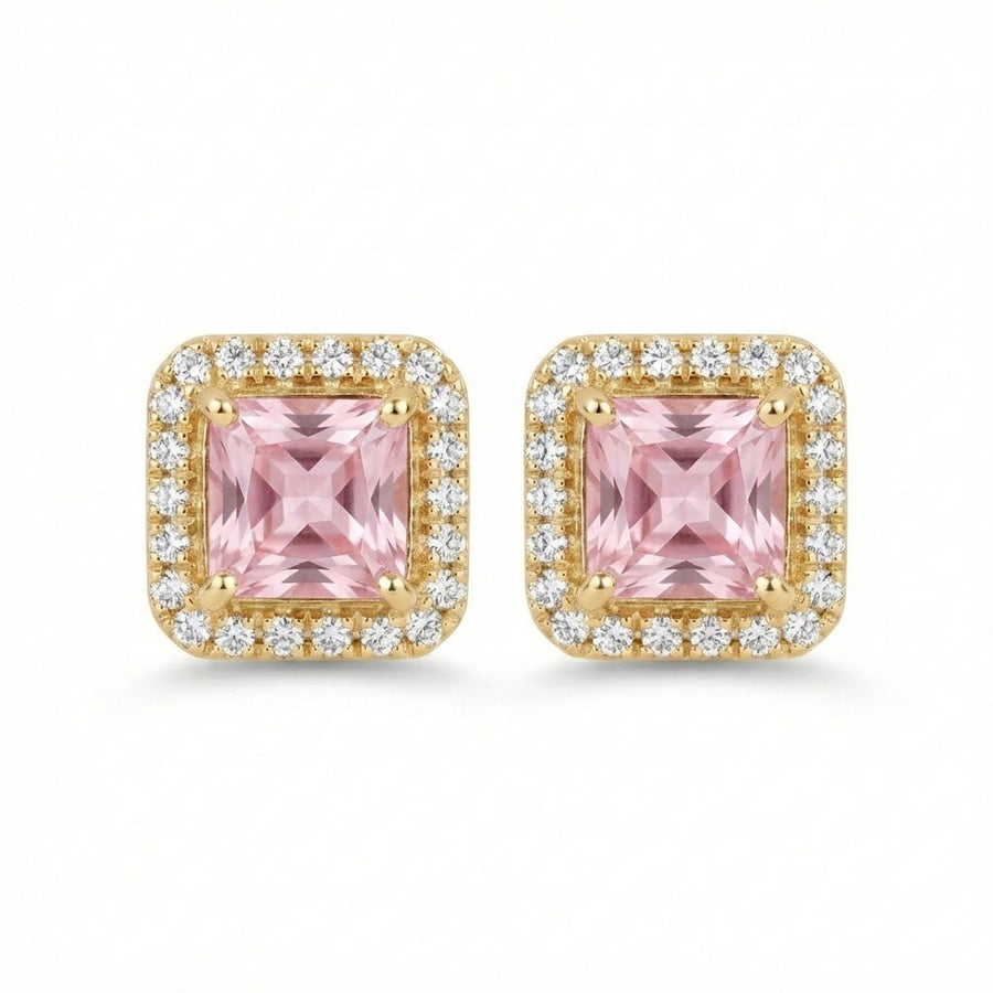 Pink square halo stud earrings with gold-tone frame and dazzling round stones on white background