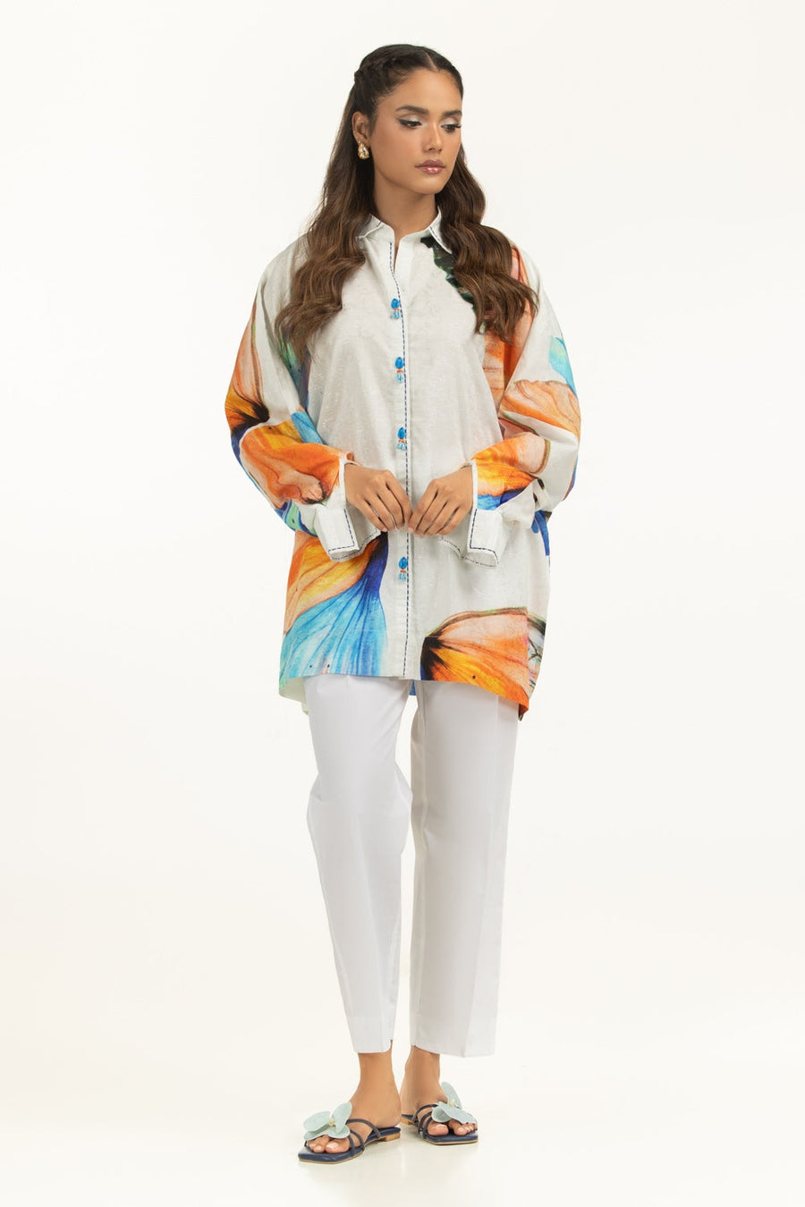 Off-White Viscose 2-Piece Shirt Set | Floral Print Sleeves