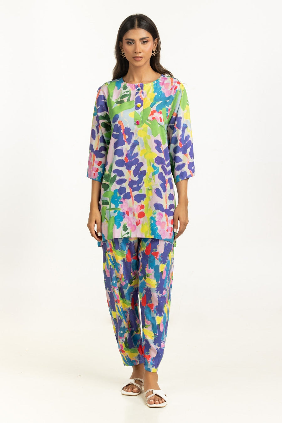 Multicolor Viscose 2-Piece Co-ord Set | Abstract Watercolor Print