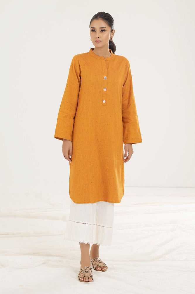 Mustard Linen 2-Piece Kurta Set | Bone Button Front