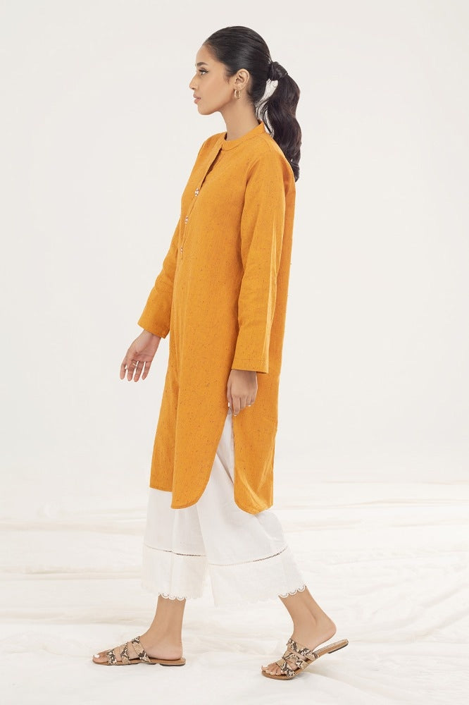 Mustard Linen 2-Piece Kurta Set | Bone Button Front