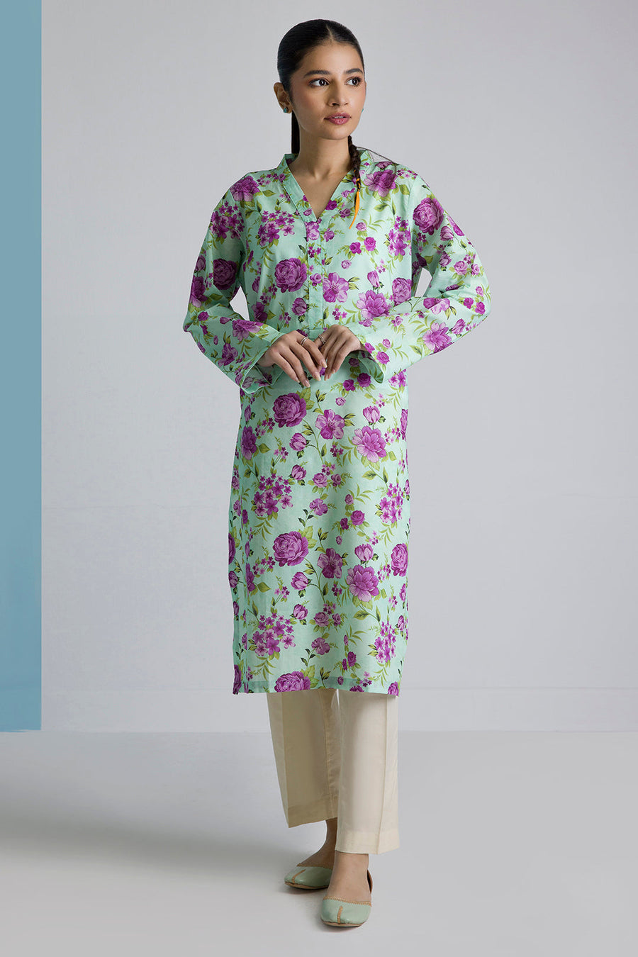 Sage Cotton 2-Piece Kurta Set | Floral Print with Contrast Trim