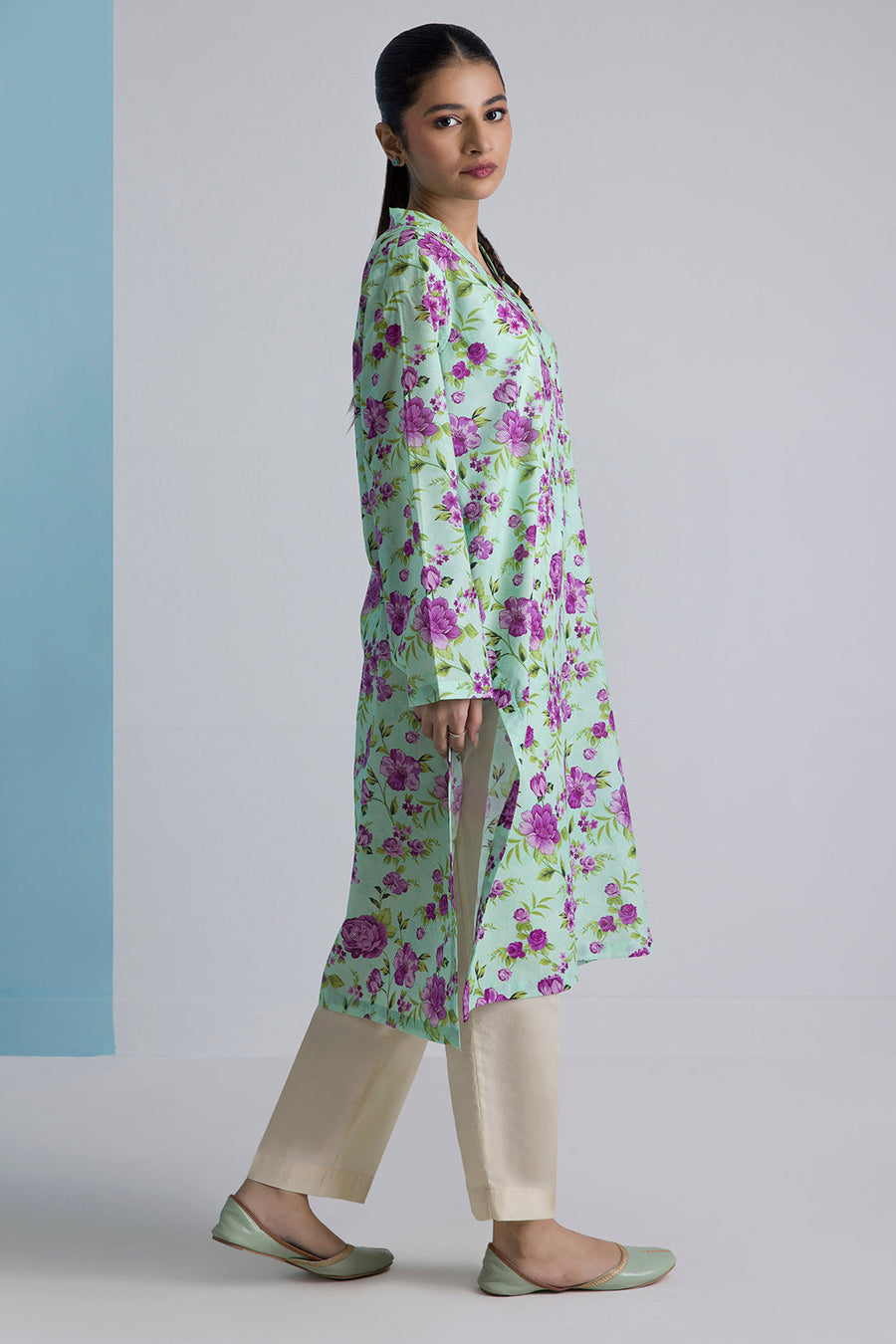 Sage Cotton 2-Piece Kurta Set | Floral Print with Contrast Trim