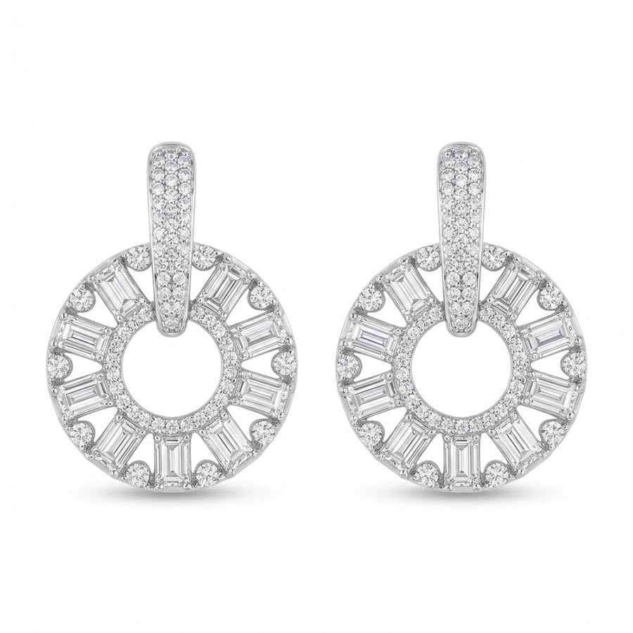 Silver plated circle drop earrings with clear baguette and round stones on white background