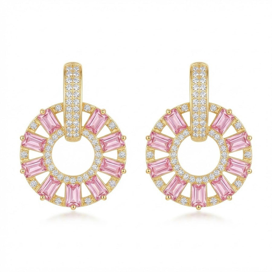 Pair of gold plated circle drop earrings with pink baguette-cut stones and sparkling round crystals